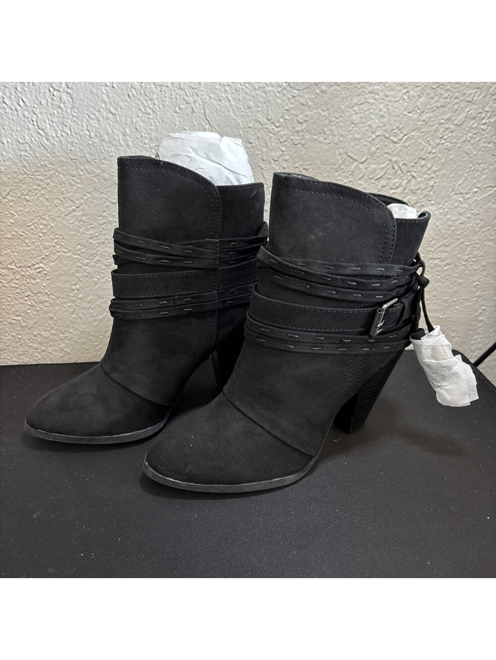 Qupid Black Faux Suede Ankle Boots Multi Buckle Heel Size 7